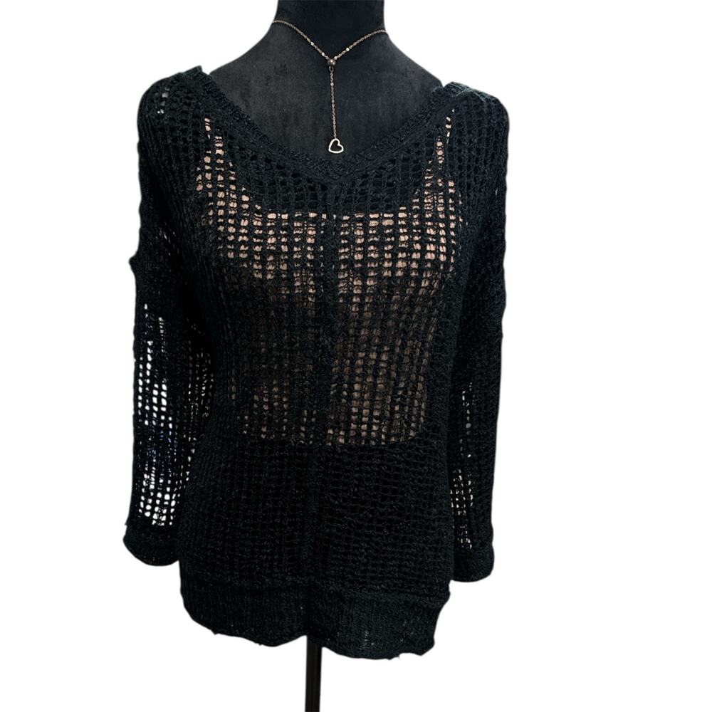 POL Women's Black Open Knit V-Neck Swim Coverup